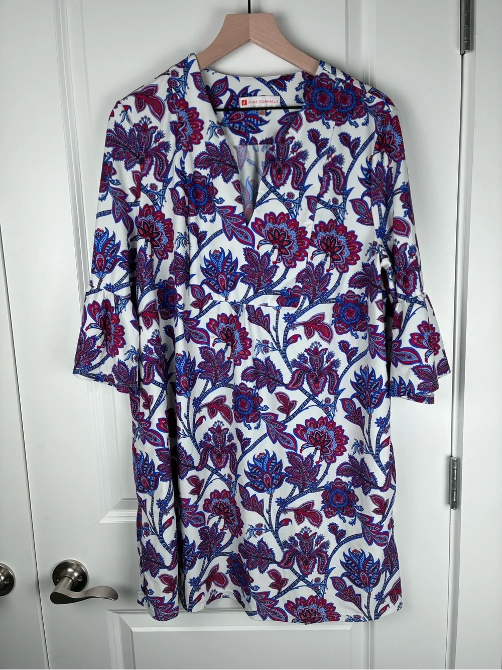 Jude Connally Kerry Dress Americana Floral V-Neck Bell Sleeves Dress Size XL
